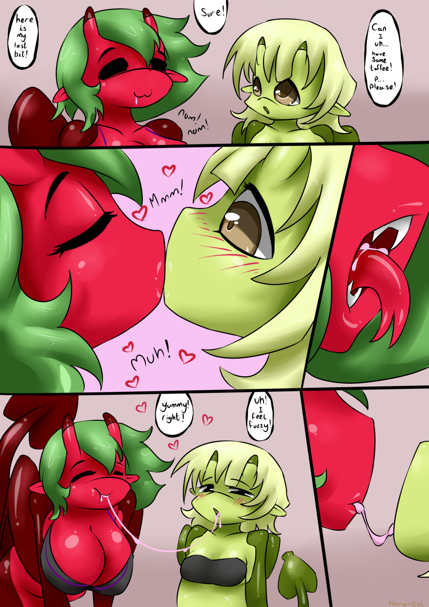 2015 breasts comic dragon duo dwynwen_gel english_text female hi_res kissing nana_gel open_mouth text tongue