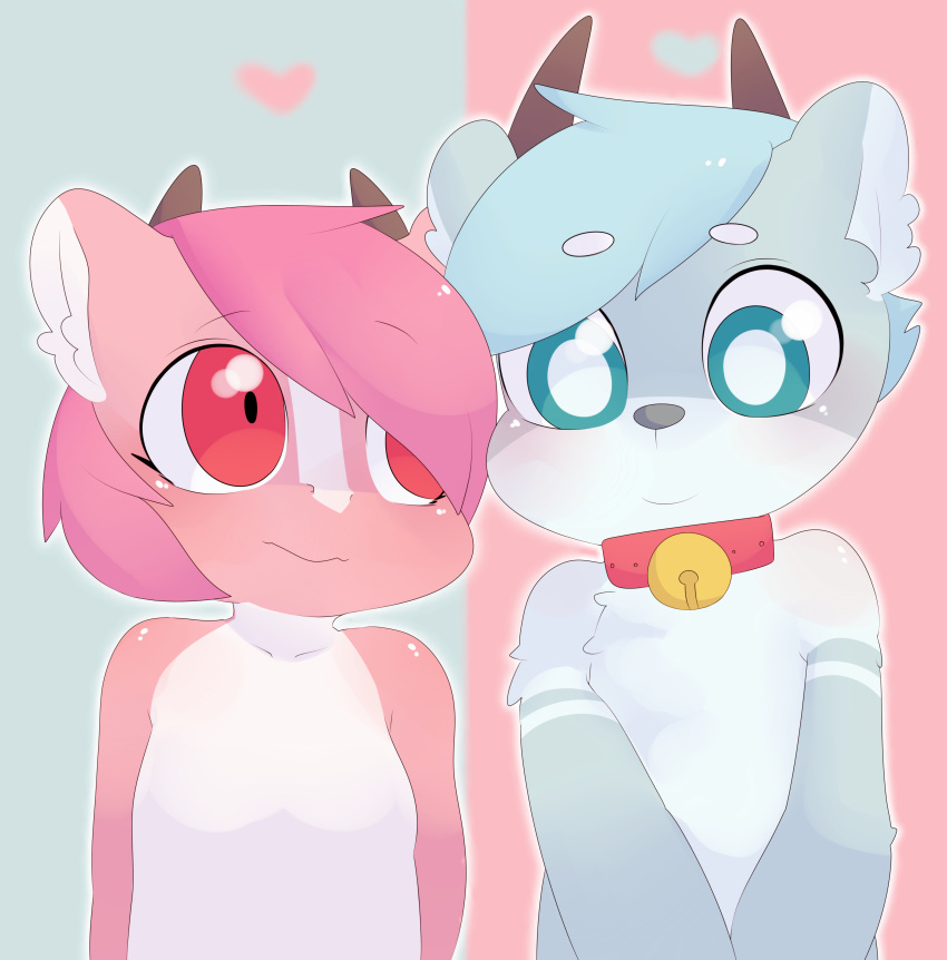 &lt;3 anthro berseepon09 blue_eyes blue_fur blue_hair cervine collar cute digital_media_(artwork) dragon duo female flat_chested fur hair happy hi_res horn loli_dragon looking_at_viewer male mammal pink_eyes pink_hair pink_skin scalie shota_deer young