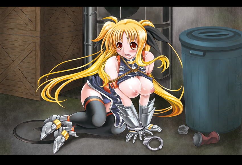 armor ass blonde_hair blush breasts fate_testarossa itachou large_breasts leotard long_hair lyrical_nanoha mahou_shoujo_lyrical_nanoha_strikers open_clothes open_shirt public red_eyes shirt solo thighhighs twintails