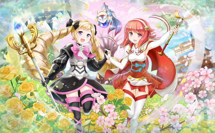 2girls absurdres black_legwear blonde_hair bow castle cherry_blossoms crystal_ball dress drill_hair elbow_gloves elise_(fire_emblem_if) fingerless_gloves fire_emblem fire_emblem_if flower gloves hair_bow hand_holding headdress highres huge_filesize lens_flare lilith_(fire_emblem_if) looking_at_viewer multiple_girls nichika_(nitikapo) nintendo open_mouth pagoda purple_eyes red_eyes red_hair sakura_(fire_emblem_if) short_hair smile sparkle staff twin_drills twintails white_legwear