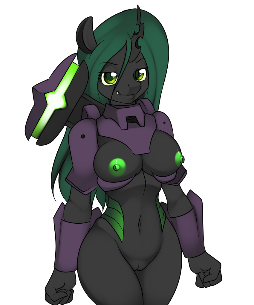 2013 anthro anthrofied armor breasts changeling cybernetics cyborg digital_media_(artwork) fangs female friendship_is_magic green_eyes green_hair hair hi_res horn kloudmutt looking_at_viewer machine my_little_pony navel nipples pussy queen_chrysalis_(mlp) simple_background solo standing white_background