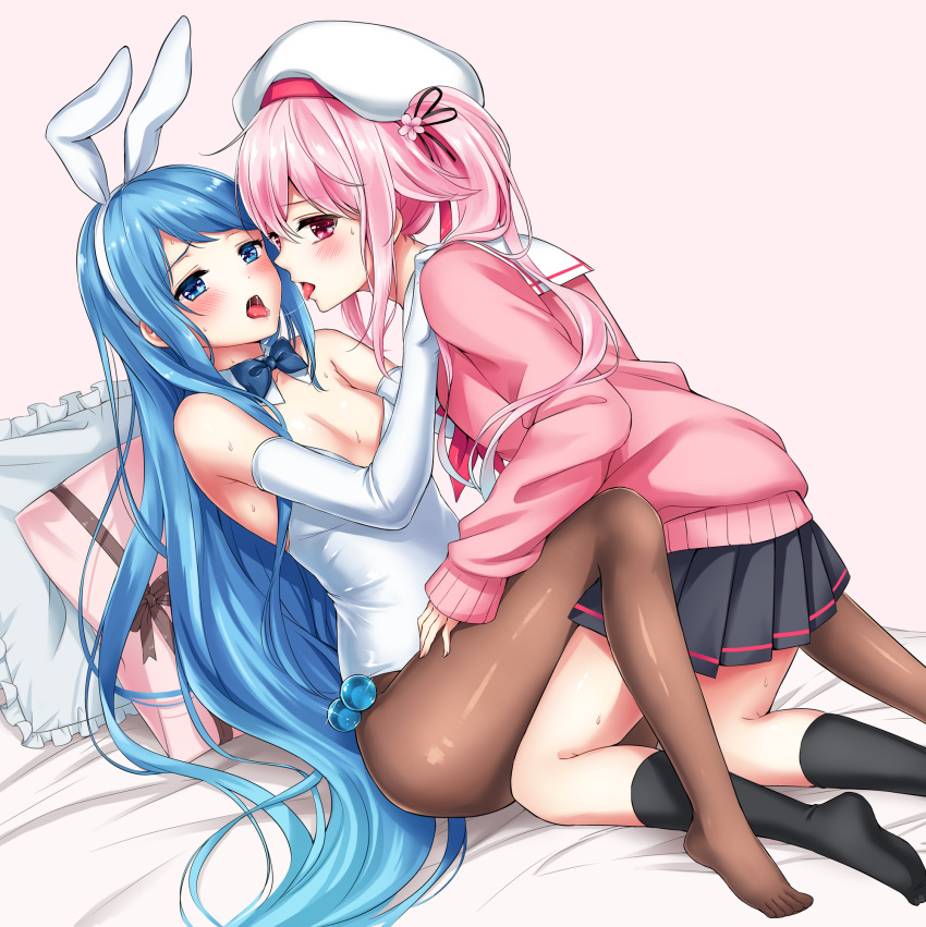 animal_ears bed beret black_serafuku blue_hair blush bow bowtie breasts brown_legwear bunny_ears bunnysuit detached_collar elbow_gloves fake_animal_ears flower gloves gradient_hair hair_flower hair_ornament harusame_(kantai_collection) hat highres incest kantai_collection kiss leotard lying multicolored_hair multiple_girls nanashiki_fuuka neckerchief open_mouth pantyhose pillow pink_cardigan pink_eyes pink_hair red_eyes saliva saliva_trail samidare_(kantai_collection) school_uniform serafuku side_ponytail small_breasts strapless strapless_leotard white_gloves white_leotard wrist_cuffs yuri