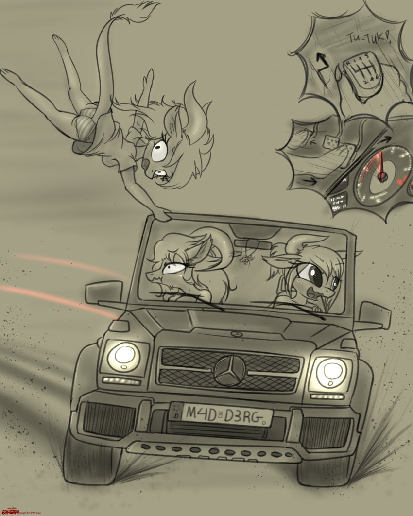 anthro car clothing dragon drifting driving female gel&auml;ndewagen mercedes-benz monochrome orang111 panties sketch striped_underwear underwear vehicle