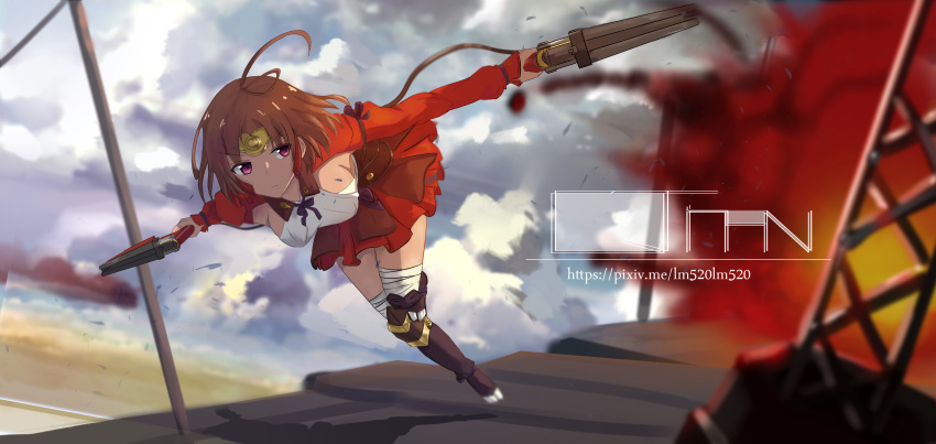 absurdres antenna_hair bandaged_leg bandages bent_over breasts brown_hair commentary_request dual_wielding explosion gun handgun highres holding japanese_clothes kimono knee_pads kneehighs koutetsujou_no_kabaneri lm520lm520 mumei_(kabaneri) outstretched_arms pink_eyes running short_hair short_kimono solo tabi watermark weapon web_address