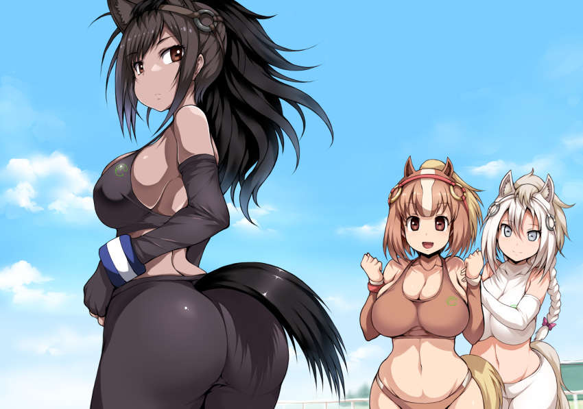 :d alternate_breast_size animal_ears ass bare_shoulders black_hair black_pants black_sports_bra blonde_hair blue_sky blush bow braid breasts bridle brown_eyes brown_hair brown_sports_bra brown_thoroughbred_(kemono_friends) buruma chestnut_thoroughbred_(kemono_friends) cleavage closed_mouth cloud collarbone commentary_request day detached_sleeves elbow_gloves extra_ears fingerless_gloves gloves hair_bow hand_on_another's_shoulder horizontal_pupils horse_ears horse_girl horse_tail japan_racing_association kemono_friends large_breasts leaning_forward long_hair long_sleeves looking_at_viewer multicolored_hair multiple_girls navel o-ring open_mouth outdoors pants pantyhose pink_bow sagging_breasts short_hair sideboob single_braid single_vertical_stripe skindentation sky smile sports_bra sportswear stomach strap_gap streaked_hair sweatband tail tight tight_pants tsukasawa_takamatsu twisted_torso white_hair white_sports_bra white_thoroughbred_(kemono_friends)
