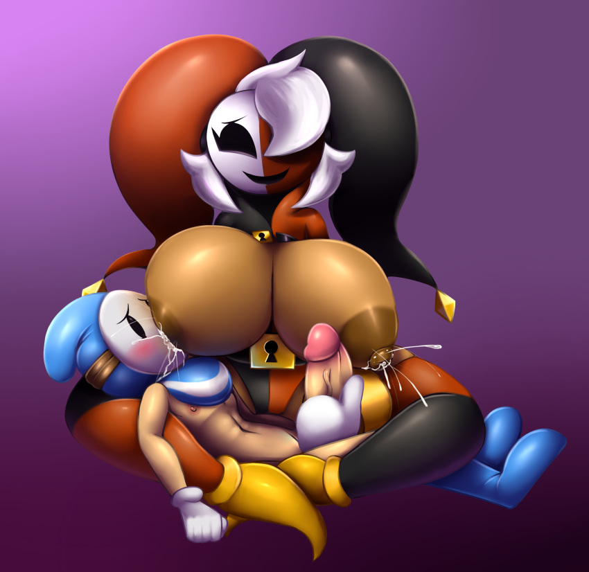 bandit_(mario) big_breasts blush breast_suck breasts clothed clothing dark_skin duo elfdrago exposed_breasts female gloves hair handjob humanoid jester lactating larger_female legwear male male/female mario_bros mask milk nintendo nipple_suck nipples penis phanto sex shygirl shyguy simple_background size_difference smaller_male smile sucking thigh_highs video_games white_hair