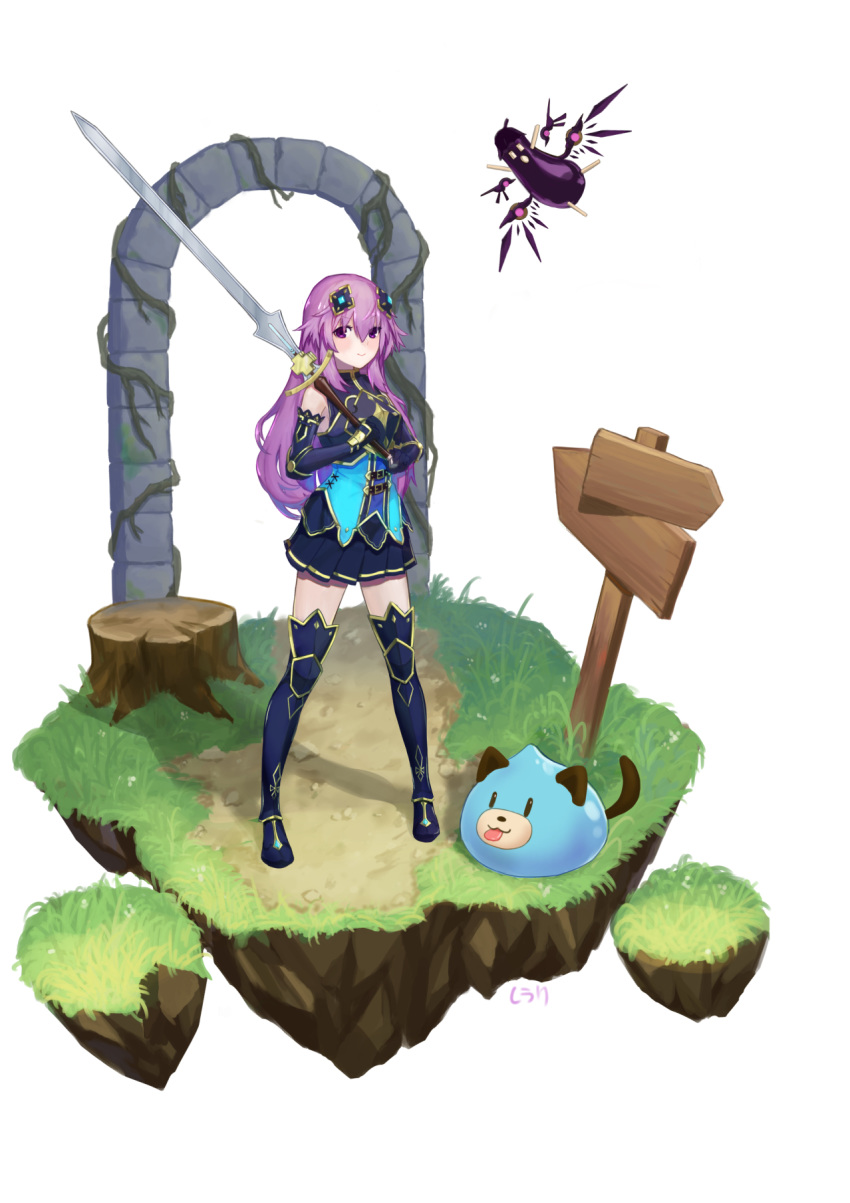 adult_neptune alternate_costume blush boots breastplate commentary_request dogoo eggplant four_goddesses_online:_cyber_dimension_neptune full_body gloves hair_between_eyes hair_ornament highres holding holding_sword holding_weapon long_hair looking_at_viewer magiquone neptune_(series) pleated_skirt purple_eyes purple_hair seewlee signature skirt smile sword thigh_boots thighhighs weapon