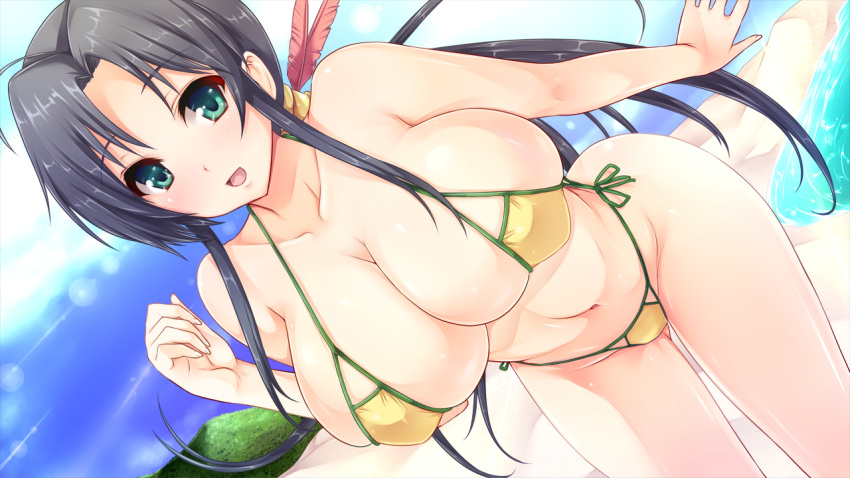 1girl bare_arms bare_legs bare_shoulders beach bikini black_hair breasts curvy dutch_angle game_cg goban green_eyes groin happy highres huge_breasts kan'u_unchou_(sangoku_hime) leaning_forward legs long_hair long_ponytail micro_bikini mound_of_venus navel outdoors parted_lips ponytail sand sangoku_hime sangoku_hime_3 sidelocks sky smile solo standing thighs unicorn-a water yellow_bikini