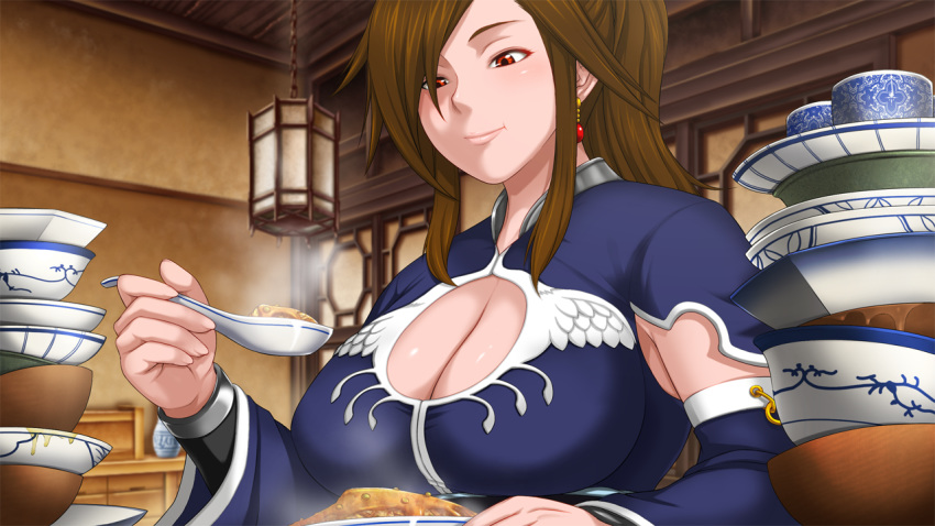 1girl blue_clothes breasts brown_hair cleavage closed_mouth detached_sleeves dish earrings eating food game_cg high_ponytail highres holding indoors lantern large_breasts long_hair looking_down ponytail red_eyes ryomou_shimei_(sengoku_hime_3) sangoku_hime sangoku_hime_3 sidelocks sitting smile solo spoon table unicorn-a upper_body