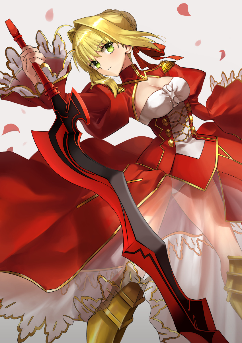 absurdres aestus_estus ahoge armored_boots ashiwara_yuu bangs blonde_hair blush boots braid breasts cleavage commentary_request dress epaulettes eyebrows_visible_through_hair fate/extra fate_(series) grey_background hair_between_eyes hair_bun hair_intakes head_tilt highres holding holding_sword holding_weapon juliet_sleeves knee_boots long_hair long_sleeves looking_at_viewer medium_breasts nero_claudius_(fate) nero_claudius_(fate)_(all) parted_lips petals puffy_sleeves red_dress see-through sidelocks simple_background solo sword weapon wide_sleeves