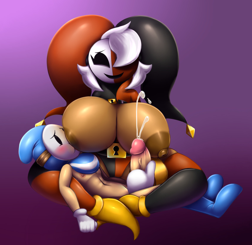 bandit_(mario) big_breasts blush breast_suck breasts clothed clothing cum cumshot dark_skin duo ejaculation elfdrago exposed_breasts female gloves hair handjob humanoid jester larger_female legwear male male/female mario_bros mask nintendo nipple_suck nipples orgasm penis phanto sex shygirl shyguy simple_background size_difference smaller_male smile sucking thigh_highs video_games white_hair