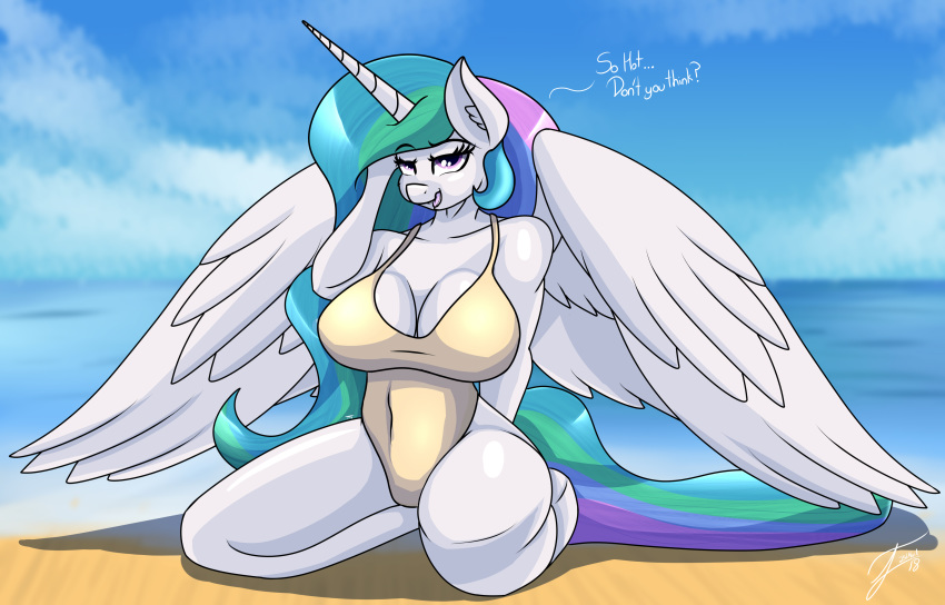 ... 2018 ? absurd_res anthro beach bedroom_eyes big_breasts breasts cleavage clothed clothing cloud dialogue english_text equine eyebrows eyelashes feathered_wings feathers female friendship_is_magic fur hair half-closed_eyes hi_res horn inner_ear_fluff long_hair looking_at_viewer mammal multicolored_hair my_little_pony one-piece_swimsuit open_mouth open_smile outside pose princess_celestia_(mlp) purple_eyes rainbow_hair seaside seductive shadow signature sitting sky smile solo swimsuit talking_to_viewer text thick_thighs trentgt water white_feathers winged_unicorn wings