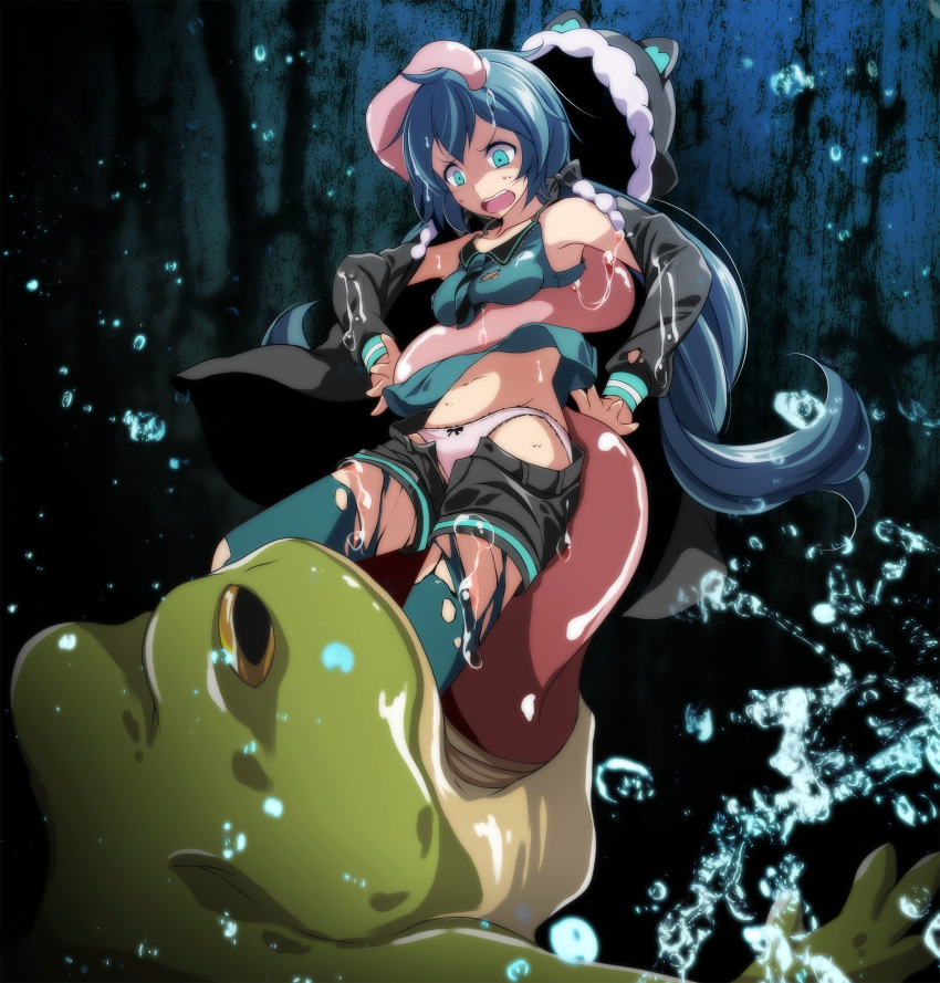 absurdres animal_ears aqua_eyes bad_id bad_pixiv_id bangs black_ribbon black_shorts blue_hair blue_legwear blue_shirt bow bow_panties fake_animal_ears floating_hair frog fur_trim green_pompoko_(module) hair_between_eyes hatsune_miku highres hood kunoichi_demo_koi_ga_shitai_(vocaloid) long_hair midriff navel open_clothes open_mouth open_shorts panties pantyhose pantyhose_under_shorts project_diva_(series) ribbon shirt short_shorts shorts sleeveless sleeveless_shirt solo stomach torn_clothes torn_legwear tsukishiro_saika twintails underwear very_long_hair vocaloid vore white_panties