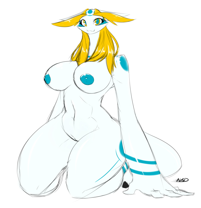 2015 aijou anthro athletic averyshadydolphin big_breasts blonde_hair blue_markings blue_nipples breasts digital_media_(artwork) dragon erect_nipples female hair hi_res jou long_ears long_hair looking_at_viewer markings navel nipples nude on_ground pussy simple_background smile solo tall thick_thighs white_background white_skin yellow_eyes
