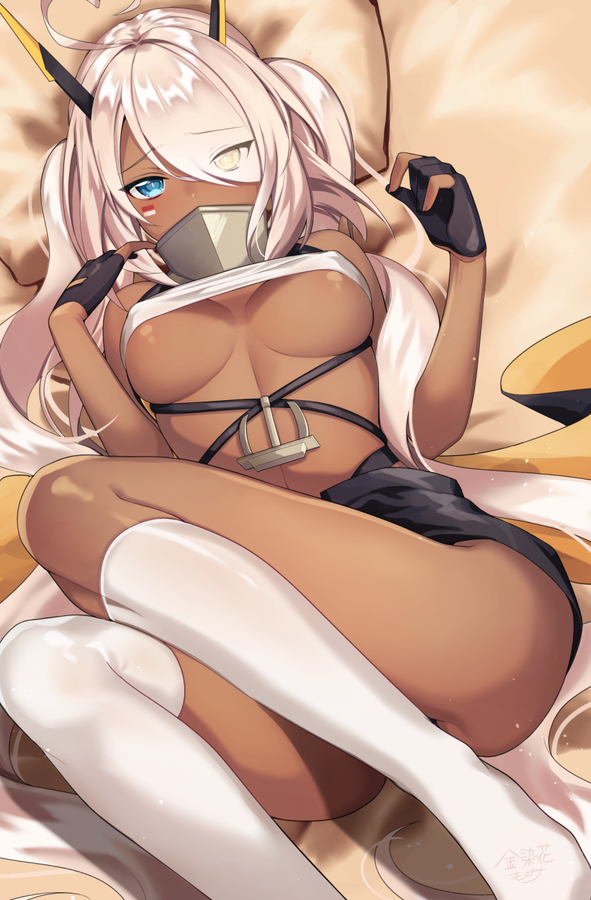 ahoge anchor ass asymmetrical_legwear azur_lane bangs bare_arms bare_shoulders black_gloves blue_eyes breasts breasts_apart commentary_request covered_mouth covered_nipples dark_skin eyebrows_visible_through_hair eyes_visible_through_hair facial_mark gloves hair_over_one_eye hands_up headgear heart_ahoge heterochromia highres indianapolis_(azur_lane) kinsenka_momi kneehighs large_breasts long_hair looking_at_viewer lying no_shoes on_back partly_fingerless_gloves pillow signature silver_hair single_kneehigh single_thighhigh solo thighhighs twintails very_long_hair white_legwear yellow_eyes