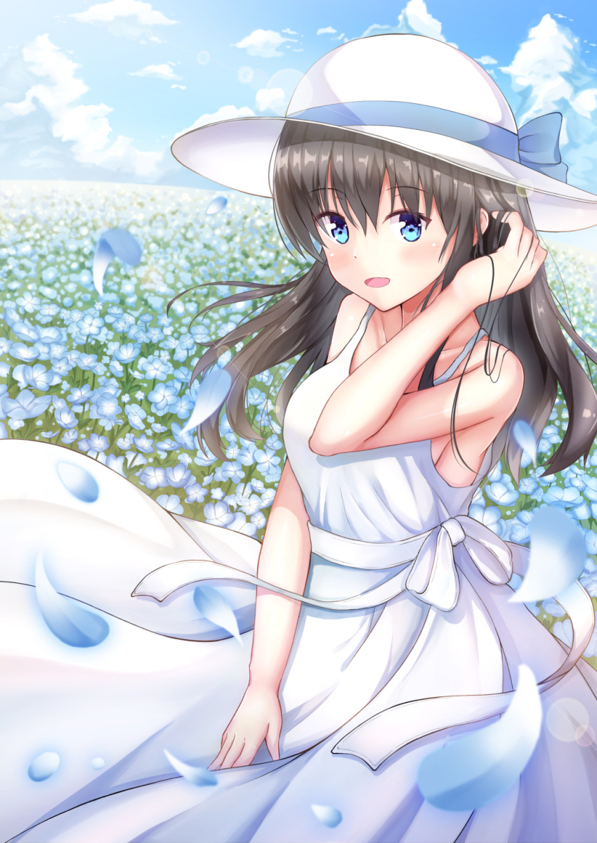 aiban bare_arms blue_bow blue_eyes blue_flower blue_sky bow breasts brown_hair cloud collarbone day dress field flower flower_field hand_in_hair hand_up hat hat_bow highres idolmaster idolmaster_cinderella_girls lens_flare looking_at_viewer medium_breasts nemophila_(flower) outdoors petals sagisawa_fumika sitting sky sleeveless sleeveless_dress solo sun_hat sundress white_dress white_hat wind