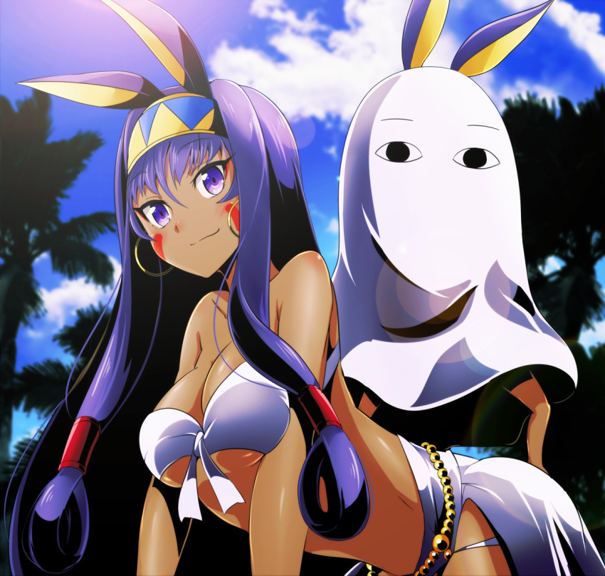 animal_ears bangs bare_shoulders bikini blue_sky breasts cleavage closed_mouth cloud collarbone dark_skin day earrings eyebrows eyebrows_visible_through_hair eyeliner facial_mark fate/grand_order fate_(series) front-tie_bikini front-tie_top hair_between_eyes hair_rings hair_tubes hairband highres hoop_earrings jackal_ears jewelry lens_flare long_hair looking_at_viewer makeup medium_breasts medjed nitocris_(fate/grand_order) nitocris_(swimsuit_assassin)_(fate) outdoors palm_tree purple_eyes purple_hair sky smile swimsuit tom_(drpow) tree underboob very_long_hair white_bikini