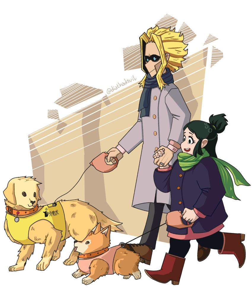 1girl absurdres animal black_pants black_sclera blonde_hair blue_eyes blue_scarf boku_no_hero_academia boots brown_eyes brown_footwear coat collar commentary diathadevil dog dog_collar dog_walking golden_retriever green_eyes green_hair green_scarf grin highres holding_hands jacket jewelry midoriya_inko open_mouth pants pink_vest purple_jacket red_footwear ring scarf shoes simple_background smile tongue tongue_out twitter_username two_side_up vest walking welsh_corgi yagi_toshinori yellow_vest