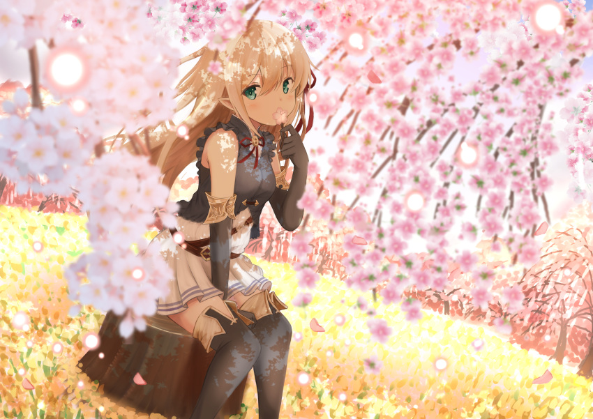 absurdres arisa_(shadowverse) bangs black_footwear black_gloves black_legwear black_shirt blonde_hair blurry blurry_foreground blush boots breasts commentary_request covered_mouth day depth_of_field dutch_angle elbow_gloves elf eyebrows_visible_through_hair field flower gloves green_eyes hair_between_eyes head_tilt highres holding holding_flower long_hair looking_at_viewer outdoors pink_flower pleated_skirt pointy_ears shadowverse shibakame shirt sitting skirt sleeveless sleeveless_shirt small_breasts solo thigh_boots thighhighs tree_stump very_long_hair white_skirt