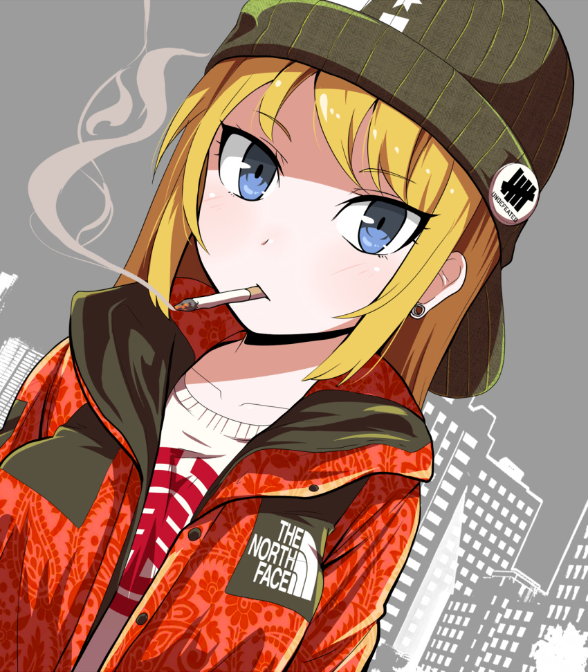 :/ badge bangs beanie blonde_hair blue_eyes blush building button_badge buttons cigarette closed_mouth collarbone dutch_angle earrings eyebrows eyebrows_visible_through_hair eyelashes floral_print gauge green_hat hat highres jacket jewelry long_hair looking_at_viewer open_clothes open_jacket original red_jacket shirt smoke smoking solo straight_hair the_north_face tom_(drpow) tsurime unbuttoned upper_body white_shirt