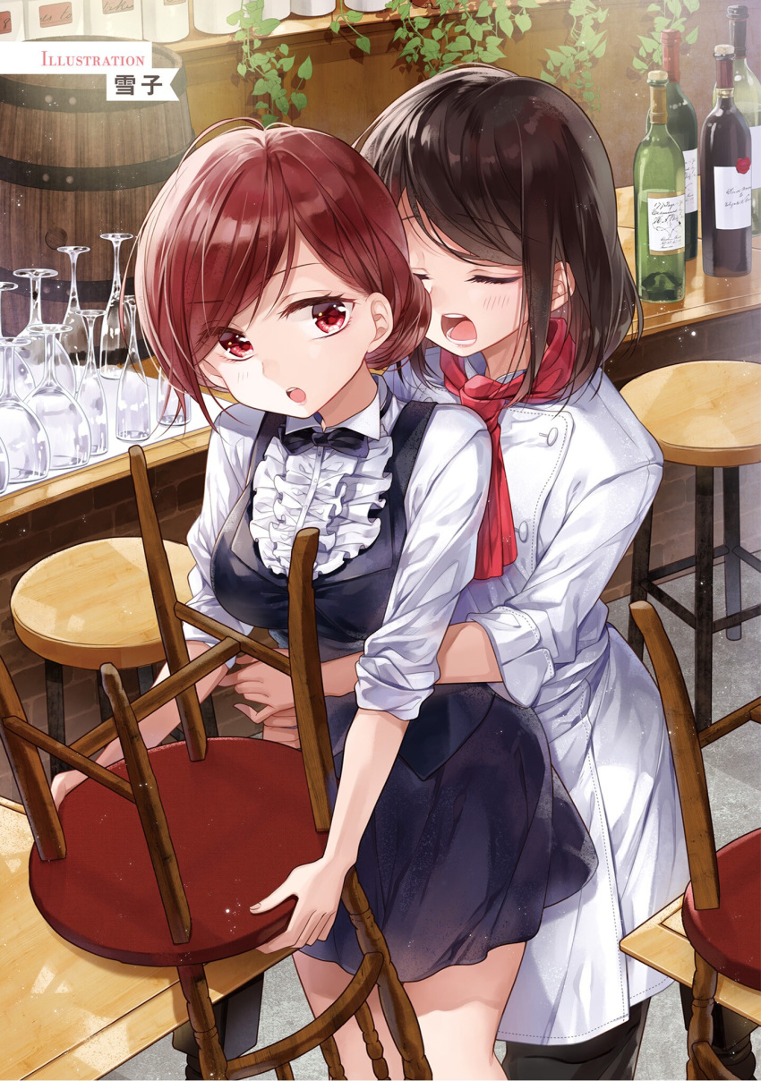 artist_name black_hair black_pants black_ribbon black_skirt bottle brown_hair chair chef_uniform closed_eyes cowboy_shot eyebrows_visible_through_hair glass highres holding hug hug_from_behind indoors miniskirt multiple_girls neck_ribbon open_mouth original pants red_eyes red_hair red_neckwear ribbon shirt short_hair skirt standing uniform white_shirt yukiko_(tesseract) yuri