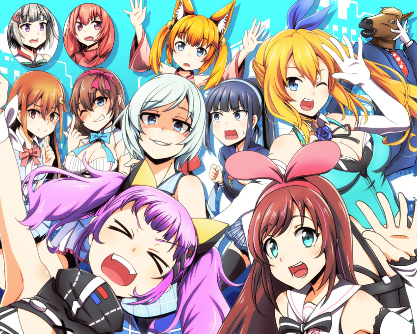 &gt;_&lt; 6+girls :d ;) ;d \m/ a.i._channel alternate_hair_color animal_ear_fluff animal_ears aoi_ch. bacharu_(youtube) bangs bare_shoulders bell black_hair blonde_hair blue_bow blue_eyes blue_flower blue_headband blue_neckwear blue_ribbon blue_rose blue_shirt blue_vest blunt_bangs bow bowtie breasts brown_hair cleavage closed_eyes collared_shirt crossover dansei_virtual_youtuber_bacharu dennou_shoujo_youtuber_shiro detached_sleeves eilene elbow_gloves eyebrows eyebrows_visible_through_hair flower fox_ears fuji_aoi fujisaki_yua gloves green_ribbon grey_hair grin hair_bell hair_between_eyes hair_ornament hair_ribbon hair_tie hairband hairclip hand_up hands_up headband heart heart_hair_ornament horse_mask jingle_bell kaguya_luna kaguya_luna_(character) kemomimi_oukoku_kokuei_housou kizuna_ai large_breasts long_hair long_sleeves looking_at_viewer low_twintails mikoko_(kemomimi_oukoku_kokuei_housou) mirai_akari mirai_akari_project moemi moemi_&amp;_yomemi_channel multicolored_hair multiple_girls one_eye_closed open_clothes open_mouth open_vest orange_hair pink_bow pink_hair pink_hairband pink_ribbon plaid plaid_shirt ponytail purple_hair red_bow red_neckwear ribbon rose sailor_collar school_uniform serafuku shaded_face shiro_(dennou_shoujo_youtuber_shiro) shirt short_hair side_ponytail sidelocks silver_hair sleeveless sleeveless_shirt sleeves_past_wrists smile straight_hair streaked_hair striped striped_ribbon teeth tokino_sora tokino_sora_channel tom_(drpow) tongue twintails two-tone_hair v-shaped_eyebrows vest virtual_youtuber wavy_mouth white_gloves white_ribbon white_sailor_collar white_shirt wide_sleeves wrist_ribbon wristband x_hair_ornament yua_(youtube)