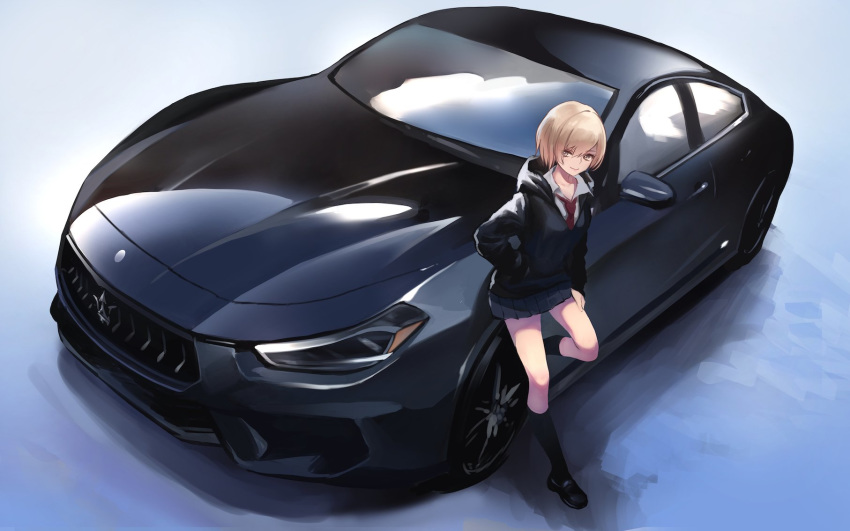 blonde_hair car commentary ground_vehicle hand_in_pocket hand_on_thigh highres hood hooded_jacket jacket koh_(minagi_kou) leaning_back leaning_on_object maserati maserati_ghibli motor_vehicle necktie original school_uniform short_hair solo yellow_eyes