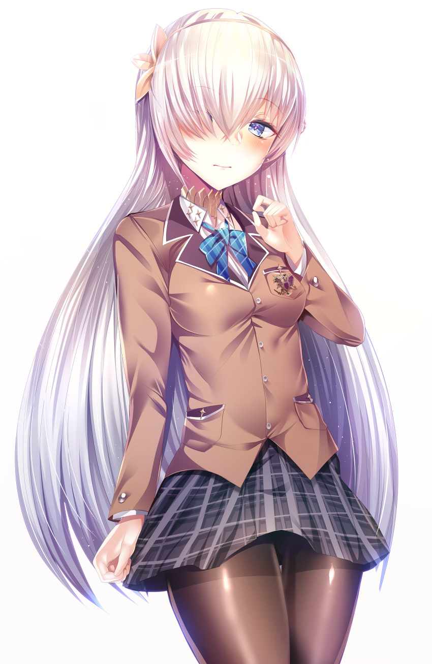 anastasia_(fate/grand_order) arm_at_side black_skirt blazer blue_bow blue_eyes bow bowtie breasts brown_jacket brown_legwear buttons cowboy_shot emblem eyebrows_visible_through_hair fate/grand_order fate_(series) hair_over_one_eye hairband hand_on_own_chest hand_up highres jacket leaf long_hair long_sleeves looking_at_viewer medium_breasts miniskirt pantyhose plaid plaid_skirt pocket school_uniform shiny shiny_hair silly_(marinkomoe) silver_hair simple_background skirt solo standing straight_hair thigh_gap very_long_hair white_background wing_collar