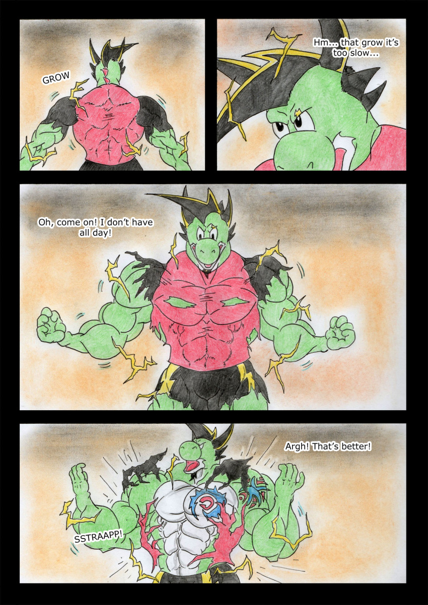 anthro big_muscles comic dinosaur english_text green_yoshi growth hi_res male mario_bros muscle_growth muscular muscular_male nintendo reptile scalie solo spere94 text traditional_media_(artwork) video_games yoshi