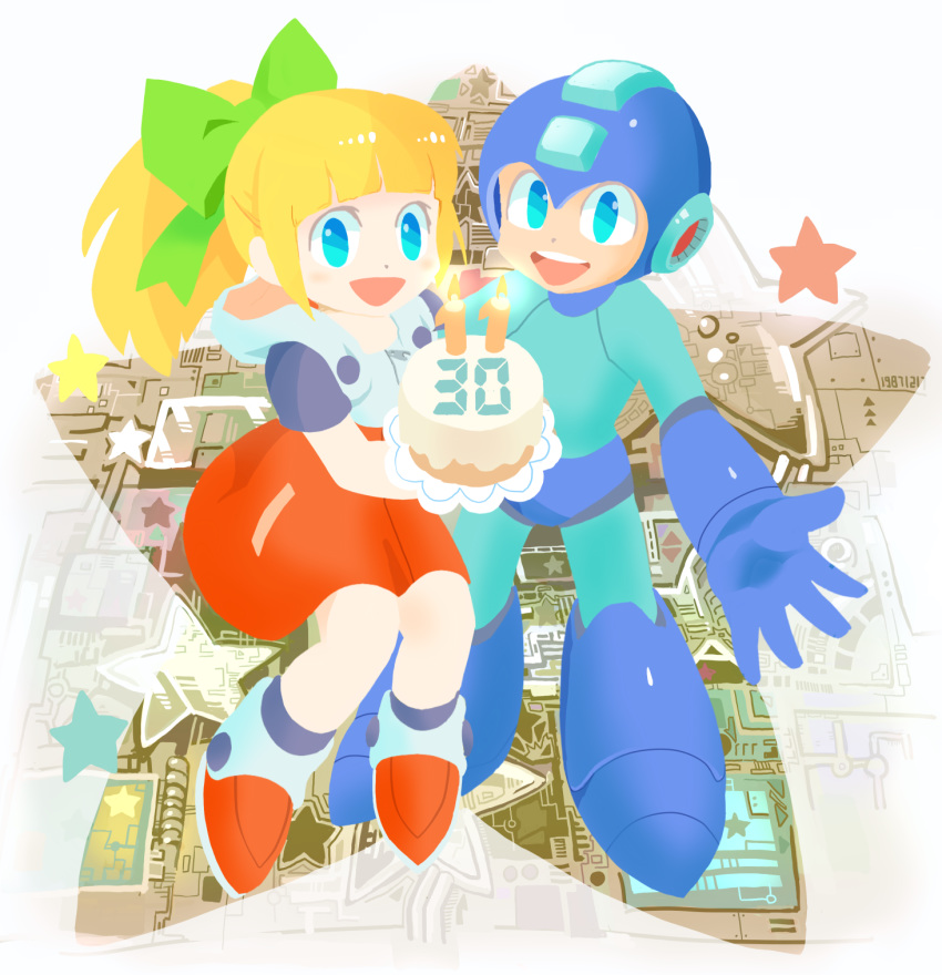 1boy 1girl anniversary blonde_hair blue_eyes blue_gloves bow cake candle capcom child coramune dress full_body gloves green_bow hair_bow hair_ornament helmet high_ponytail highres holding holding_cake hood hood_down hooded_dress long_hair open_mouth outstretched_arm ponytail red_dress red_footwear rockman rockman_(character) rockman_(classic) rockman_11 roll shoes smile star