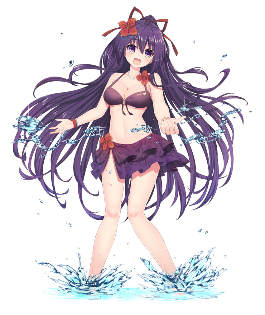 :d bare_shoulders bikini bikini_skirt black_ribbon blush breasts character_name chinese_commentary commentary date_a_live flower front-tie_top hair_between_eyes hair_flower hair_ornament hair_ribbon highres long_hair looking_at_viewer medium_breasts multicolored multicolored_eyes navel neps-l open_mouth ponytail purple_bikini purple_eyes purple_hair red_flower red_ribbon ribbon sarong see-through simple_background smile solo splashing standing swimsuit very_long_hair wading water white_background yatogami_tooka yellow_eyes