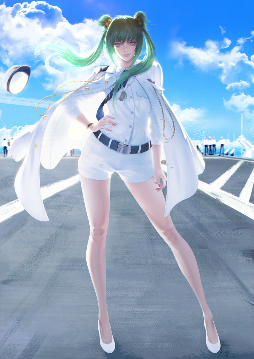 absurdres bare_legs bell belt blue_eyes blue_sky blush breasts commentary commission cui_yifei day dog_tags english_commentary fingernails flight_deck full_body green_hair hair_bell hair_ornament hat hat_loss hat_removed headwear_removed high_heels highres jacket_on_shoulders lips long_hair looking_at_viewer medium_breasts military military_hat military_uniform muvluv muvluv_alternative nail_polish necktie outdoors shirt shorts sky smile solo_focus thaumazo twintails two_side_up uniform very_long_hair white_shirt white_shorts wind wind_lift