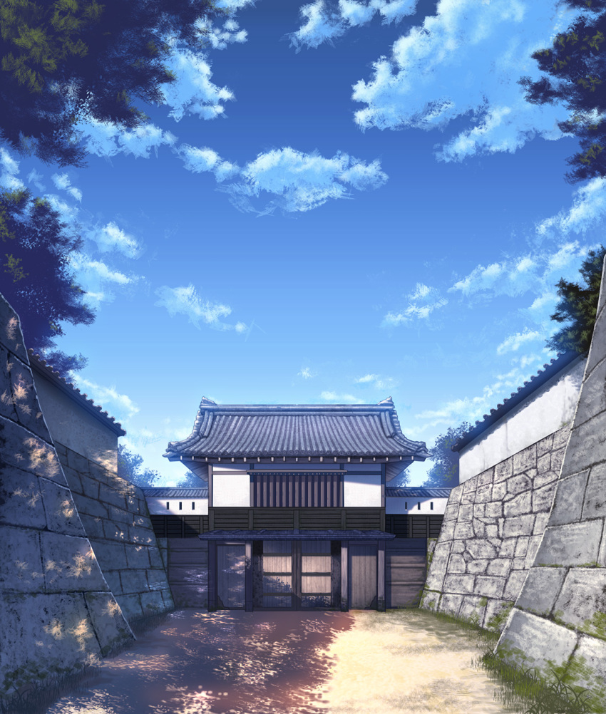 blue_sky cloud day east_asian_architecture evening gate highres mikamin no_humans original outdoors scenery sky stone_wall tree tree_shade wall