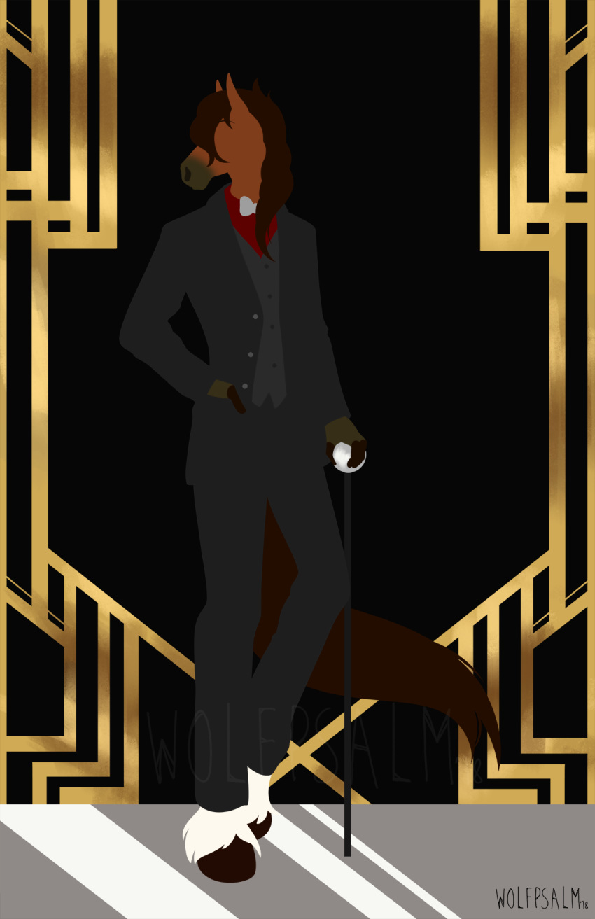 anthro autumnbolt bow cane classy clothed clothing equine hair hand_in_pocket hooves horse long_hair male mammal solo standing the_great_gatsby tuxedo wolfpsalm