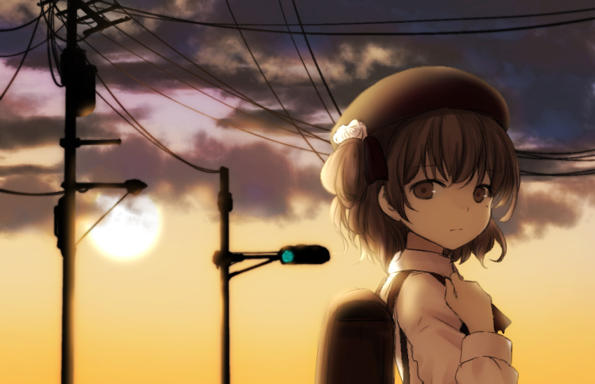 backpack bag beret black_hat black_ribbon brown_eyes brown_hair closed_mouth cloud collared_shirt commentary_request flower funnyfunny hair_flower hair_ornament hair_rings hat hatoba_tsugu hatoba_tsugu_(character) long_sleeves looking_at_viewer looking_to_the_side mole mole_under_eye outdoors ribbon rose shirt sky solo sun sunset virtual_youtuber white_flower white_rose white_shirt