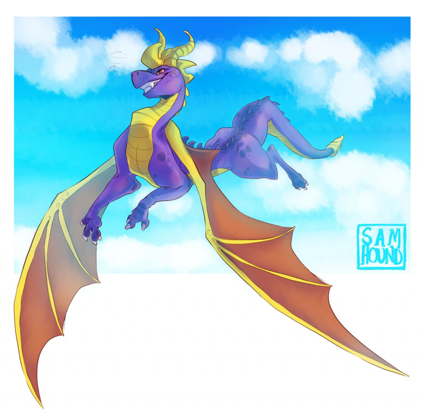 barefoot claws dragon fangs feral flying horn kherrigan male nude purple_skin red_eyes scales scalie sharp_claws sharp_teeth smile solo spyro spyro_the_dragon teeth toe_claws video_games western_dragon wings