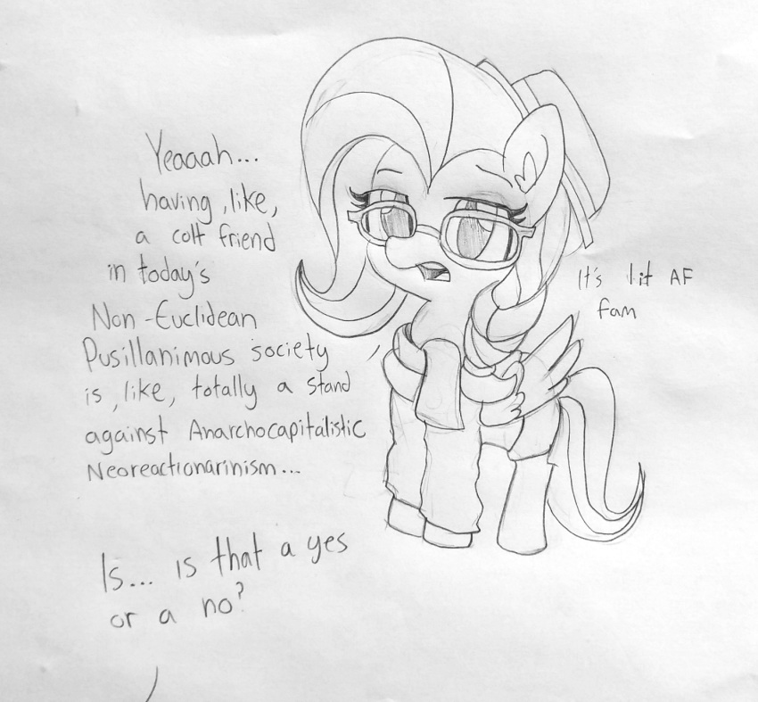 clothing dialogue english_text equine eyewear female first_person_view fluttershy_(mlp) friendship_is_magic glasses hat hipster looking_at_viewer mammal monochrome my_little_pony pegasus scarf sketch solo text tjpones wings