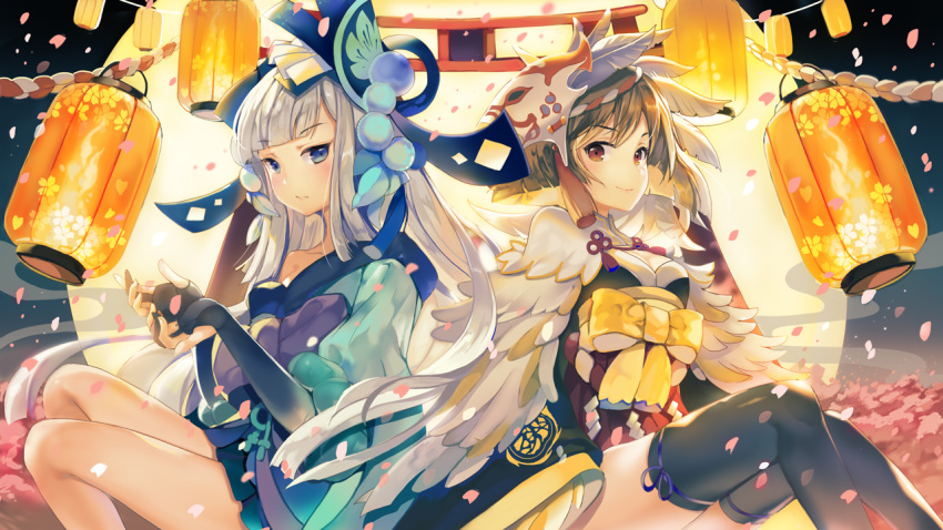 &gt;:) aoandon bangs black_gloves black_legwear blue_eyes blunt_bangs bow brown_eyes brown_hair cherry_blossoms commentary_request cupping_hands elbow_gloves eyebrows_visible_through_hair feather-trimmed_sleeves feathers full_moon gloves grey_hair hair_feathers headdress itsumade_(onmyoji) japanese_clothes lantern long_hair looking_at_viewer mask mask_on_head moon multiple_girls obi off_shoulder onmyoji paper_lantern partly_fingerless_gloves petals purple_bow sash short_hair sibyl sitting tassel thighhighs torii v-shaped_eyebrows wide_sleeves yellow_bow
