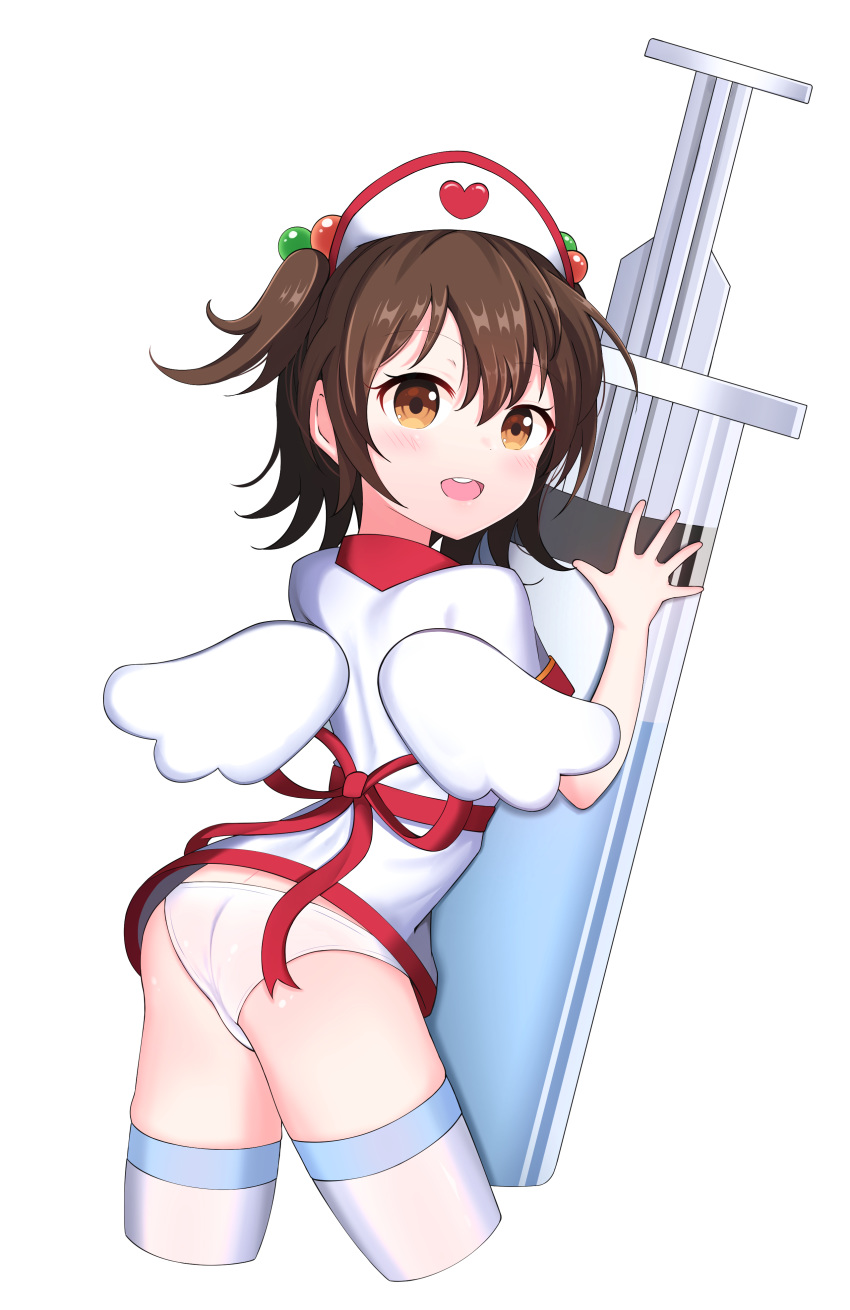 :d absurdres akagi_miria ass bangs blush brown_eyes brown_hair cowboy_shot cropped_legs dress eyebrows_visible_through_hair hair_between_eyes hair_bobbles hair_ornament hat heart highres idolmaster idolmaster_cinderella_girls large_syringe looking_at_viewer looking_to_the_side nurse nurse_cap open_mouth oversized_object panties red_ribbon ribbon simple_background smile solo starfox1015 syringe thighhighs two_side_up underwear upper_teeth white_background white_dress white_hat white_legwear white_panties white_wings wings