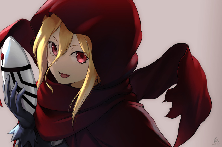 :d blonde_hair cloak commentary_request dated evileye fang gloves grey_background hair_between_eyes hair_strand holding holding_mask hood hood_up hooded_cloak looking_at_viewer mask mask_removed open_mouth overlord_(maruyama) purple_gloves red_cloak red_eyes signature smile solo tea_(nakenashi) upper_body vampire