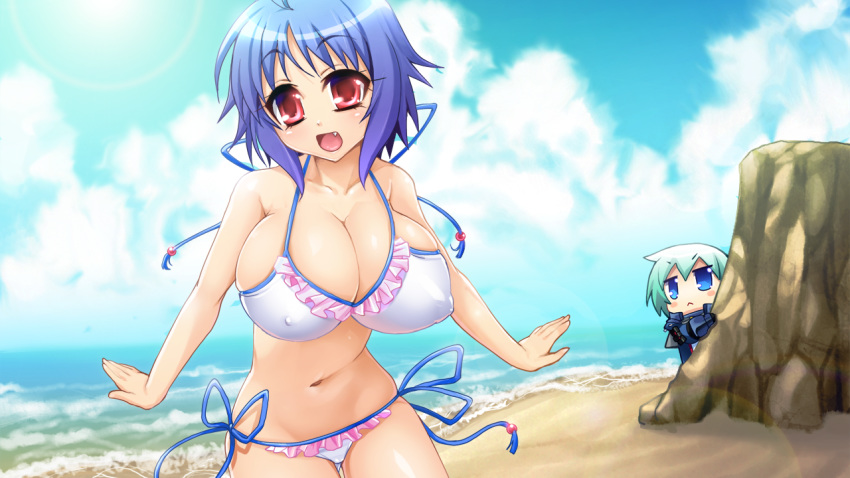 2girls ahoge areolae bare_arms bare_legs bare_shoulders beach bikini blue_eyes blue_hair blush breasts clouds cloudy_sky cowboy_shot day eyebrows game_cg green_hair highres huge_breasts legs multiple_girls navel nipples ocean original outdoors red_eyes rock sand sangoku_hime sangoku_hime_2 short_hair shuutai_youhei sky sonken_chuubou_(sangoku_hime_2) standing thighs unicorn-a water white_bikini