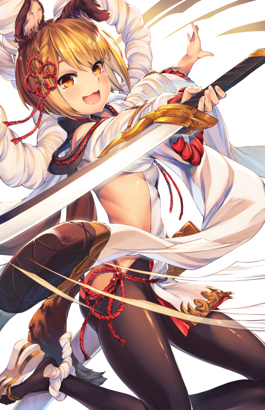 absurdres akanagi_youto animal_ears bare_back bare_shoulders black_legwear blonde_hair braid breasts detached_sleeves dog_ears dog_tail erune eyebrows_visible_through_hair granblue_fantasy highres japanese_clothes katana long_sleeves looking_at_viewer open_mouth pantyhose rope shimenawa short_hair small_breasts smile solo sword tail vajra_(granblue_fantasy) weapon wide_sleeves