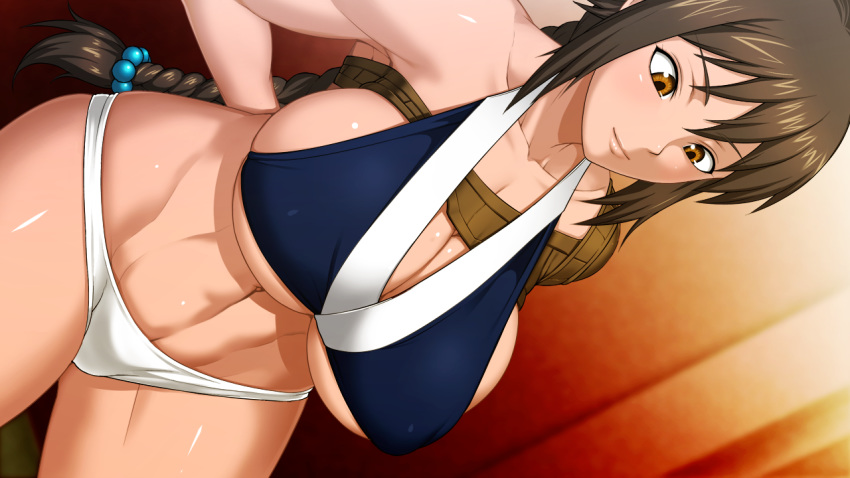 1girl abs arms_behind_back bare_arms bare_legs braid breasts brown_hair cleavage closed_mouth cowboy_shot game_cg highres huge_breasts indoors legs ling_tong_(sangoku_hime) long_hair looking_down navel orange_eyes panties sangoku_hime sangoku_hime_2 single_braid smile solo standing thighs toned underwear unicorn-a white_panties