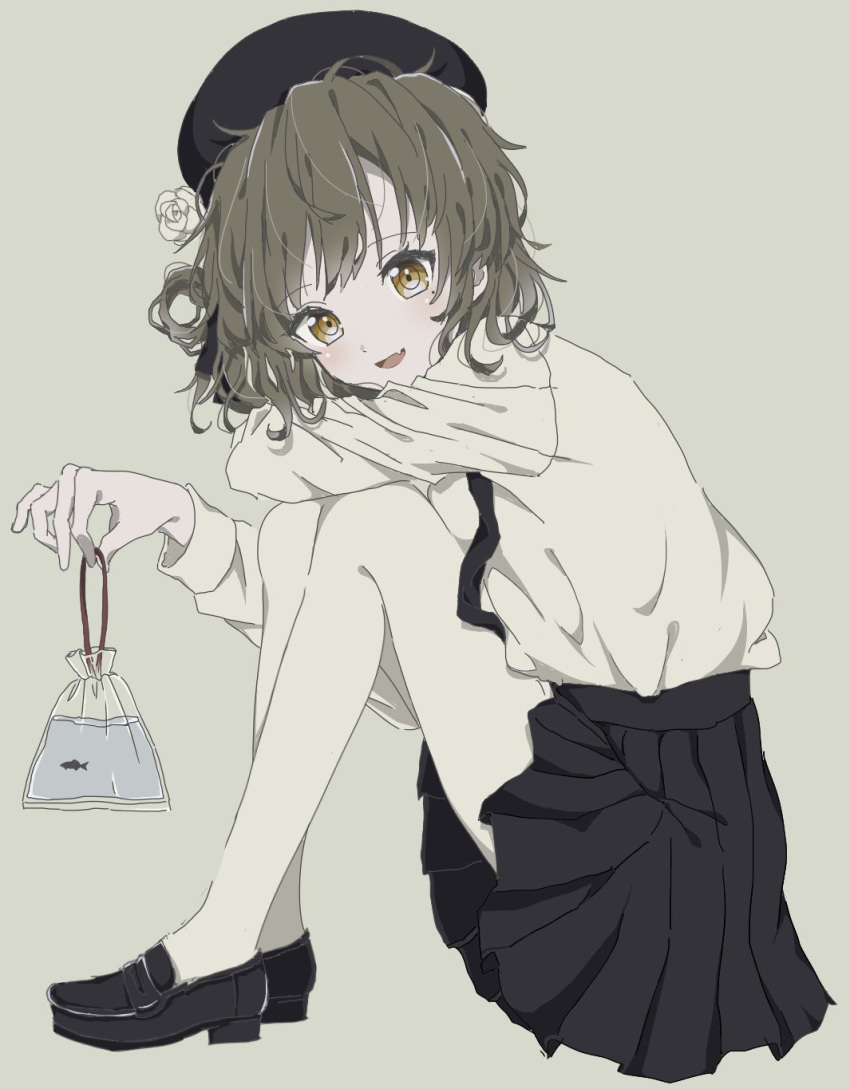 :d azuki_(ckxs7444) bag bagged_fish beret black_footwear black_hat black_ribbon black_skirt brown_eyes brown_hair commentary_request fang fish flower full_body goldfish hair_flower hair_ornament hair_rings hat hatoba_tsugu hatoba_tsugu_(character) head_tilt highres holding loafers long_sleeves looking_at_viewer looking_to_the_side mole mole_under_eye open_mouth pantyhose pleated_skirt ribbon rose shirt shoes sitting skirt smile solo suspender_skirt suspenders virtual_youtuber water white_flower white_legwear white_rose white_shirt