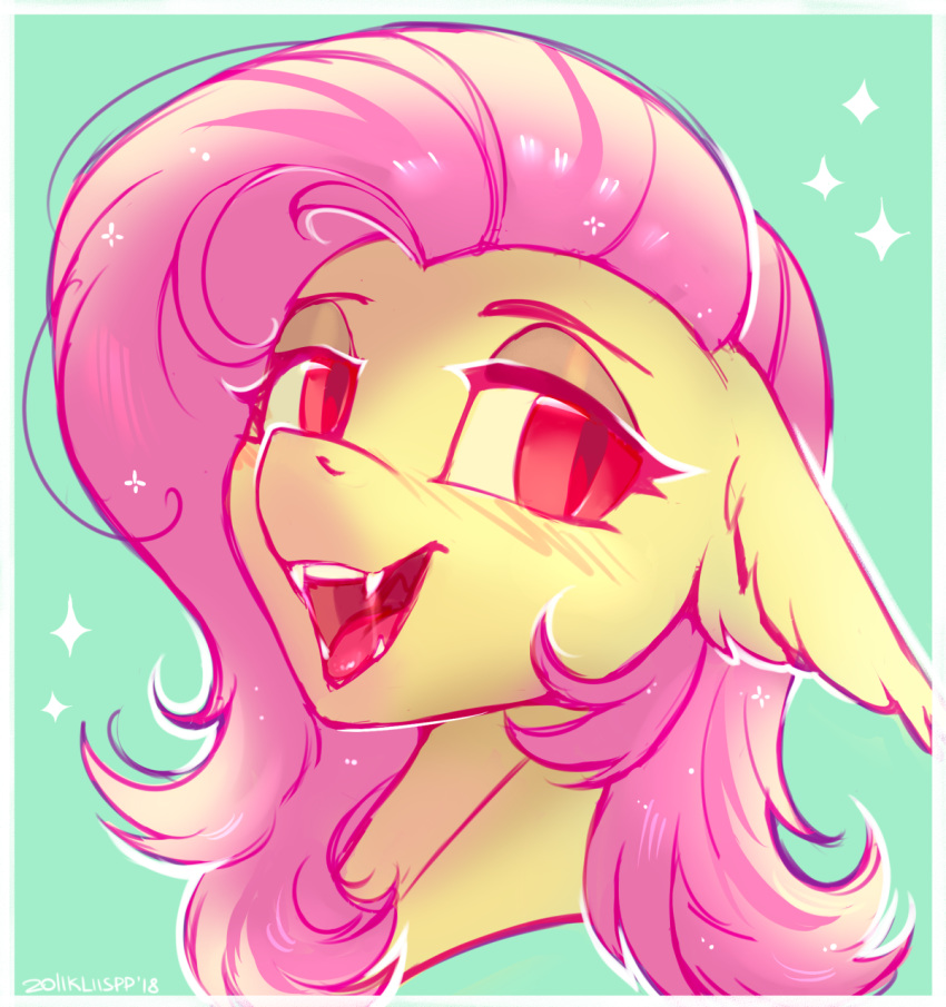 2018 bat_pony blush border cute equine eyebrows eyelashes fangs female feral floppy_ears flutterbat_(mlp) fluttershy_(mlp) friendship_is_magic green_background hair headshot_portrait lispp looking_at_viewer mammal my_little_pony open_mouth open_smile pink_hair portrait red_eyes simple_background slit_pupils smile solo sparkles teeth tongue white_border