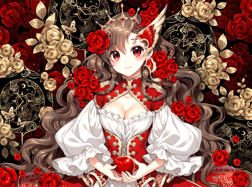 apple bad_source bangs blush breasts brown_hair cleavage clock closed_mouth eyebrows_visible_through_hair flower food fruit hair_flower hair_ornament highres holding holding_food holding_fruit large_breasts long_hair long_sleeves looking_at_viewer nardack original puffy_sleeves red_apple red_eyes red_flower red_rose rose smile solo upper_body very_long_hair