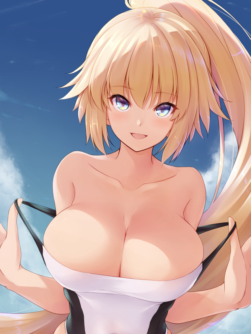 1girl bangs bare_shoulders blonde_hair blue_eyes blue_sky blush breasts cleavage collarbone fate/grand_order fate_(series) high_ponytail highres jeanne_d'arc_(fate) jeanne_d'arc_(swimsuit_archer)_(fate) large_breasts long_hair looking_at_viewer one-piece_swimsuit open_mouth sky smile solo swimsuit tohoho_(hoshinoyami) very_long_hair