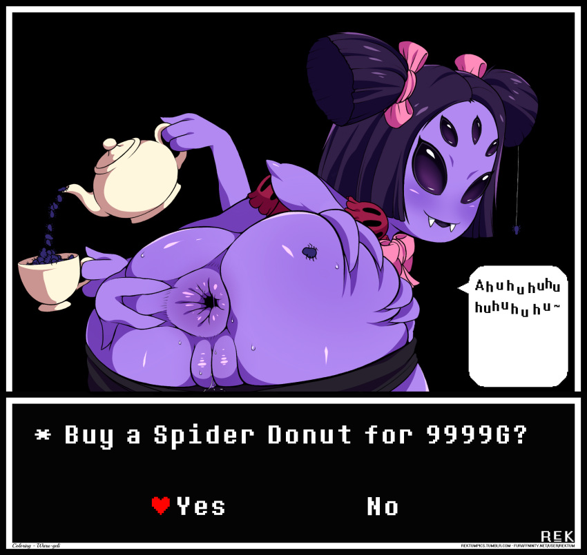 6_arms anthro anus arachnid arthropod black_hair blush butt clothing fangs female grin hair hair_bow hair_ribbon hi_res humanoid looking_at_viewer looking_back muffet multi_arm multi_eye multi_limb pigtails presenting pussy pussy_juice rear_view rektum ribbons simple_background smile solo spider spread_anus spread_butt spreading sweat undertale video_games waru-geli