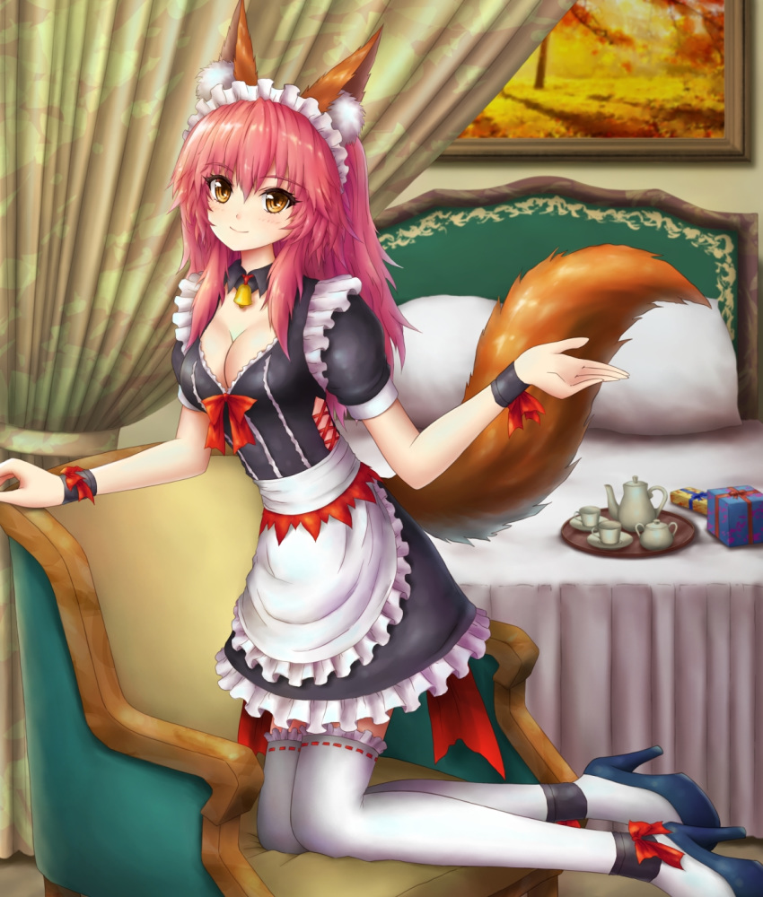 animal_ears bed blush breasts cleavage fate/grand_order fate_(series) fox_ears fox_tail gift high_heels highres jihadangel kneeling lace lace-trimmed_thighhighs long_hair maid maid_headdress medium_breasts neck_bell painting_(object) pink_hair smile solo tail tail_raised tamamo_(fate)_(all) tamamo_no_mae_(fate) tea_set thighhighs tray white_legwear wrist_cuffs yellow_eyes