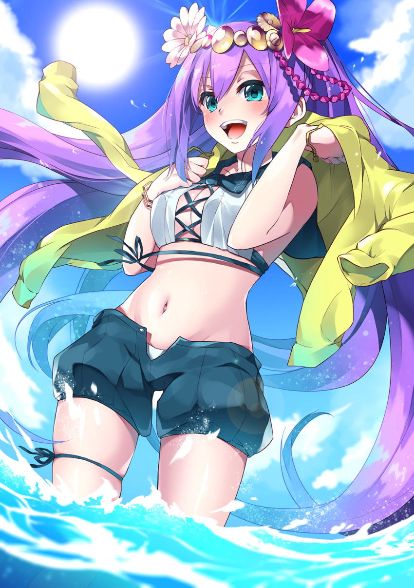 aqua_eyes bon_(bonbon315) bracelet flower hair_ornament highres jewelry lakshmi_(p&amp;d) long_hair ocean open_mouth purple_hair puzzle_&amp;_dragons solo twintails